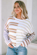 Stripe blocked drop shoulder slouchy sweater from Mommas Hive, featuring a relaxed fit and soft polyester fabric.