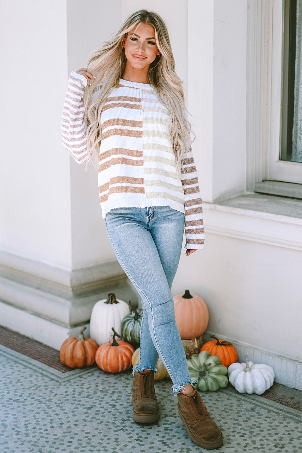 Stripe blocked drop shoulder slouchy sweater from Mommas Hive, featuring a relaxed fit and cozy polyester fabric.