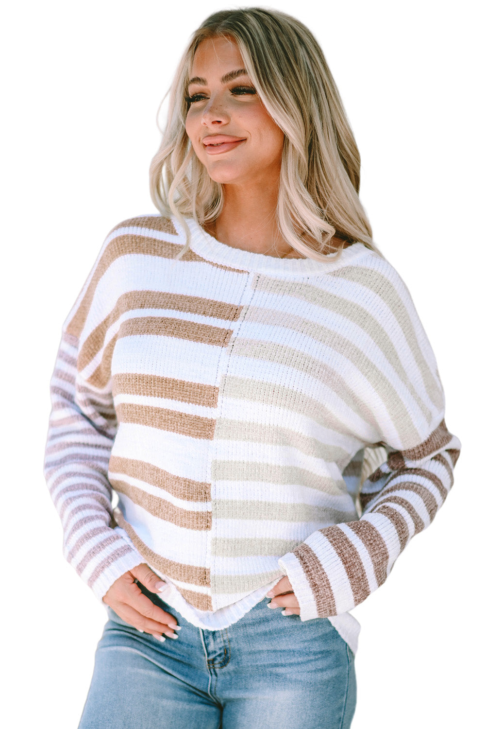 Mommas Hive striped drop shoulder slouchy sweater made of polyester, casual top with relaxed fit and cozy style.