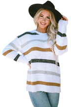 Striped popcorn knit sweater by Mommas Hive, cozy tops with pink, white, and gray stripes, made from polyester, acrylic, and polyamide.