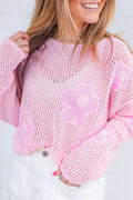 Light pink Mommas Hive knit sweater with large flower pattern, drop shoulder design, hollowed knit texture, made from acrylic and cotton.