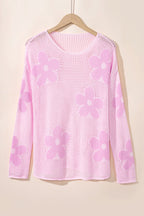Light pink Mommas Hive knit sweater with large flower hollow design, drop shoulder style, made of acrylic and cotton.