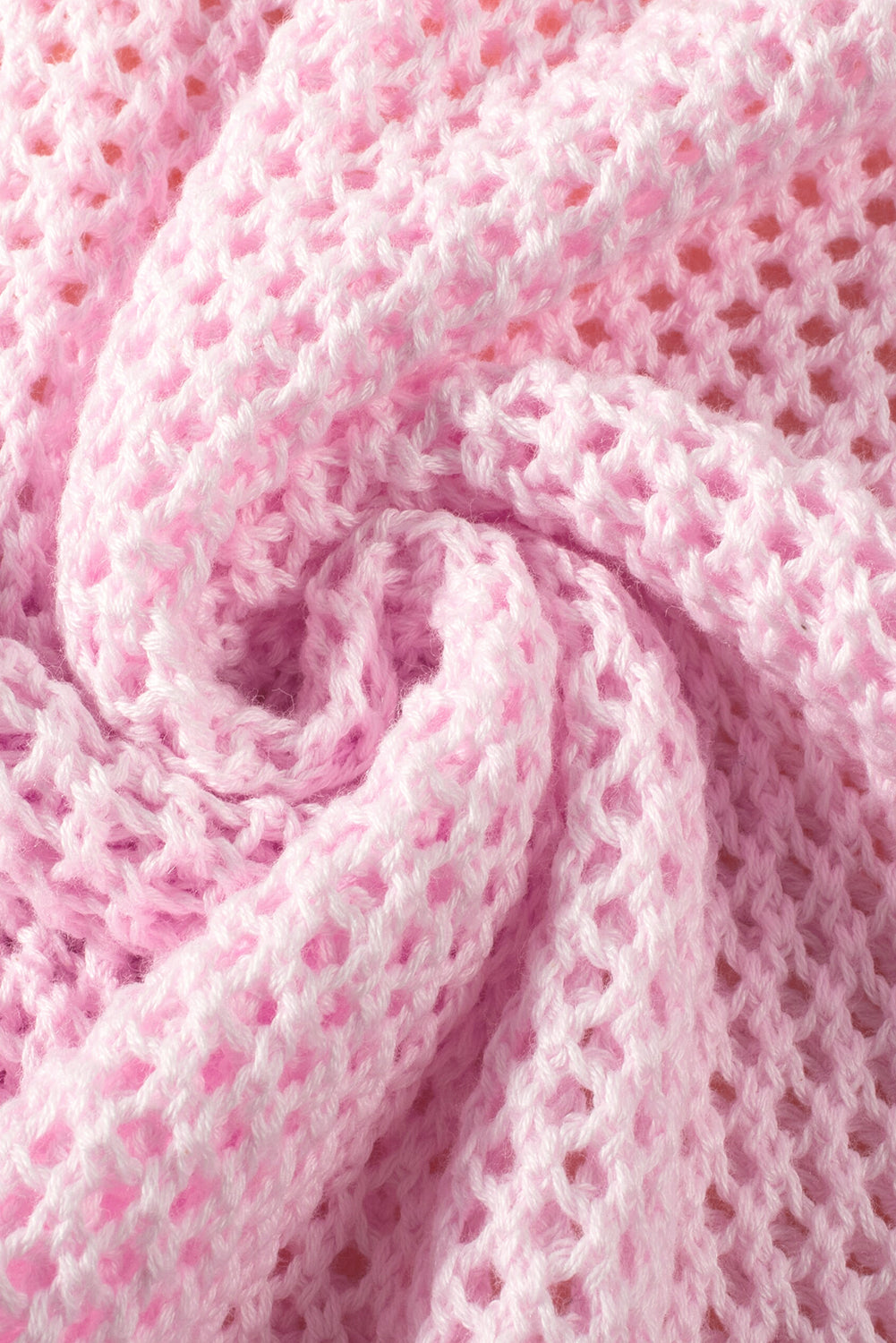 Light pink Mommas Hive sweater with large floral hollow knit design, drop shoulder style, made of acrylic and cotton.