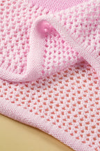 Light pink Mommas Hive sweater with large flower hollowed knit design, drop shoulder style, made of acrylic and cotton.