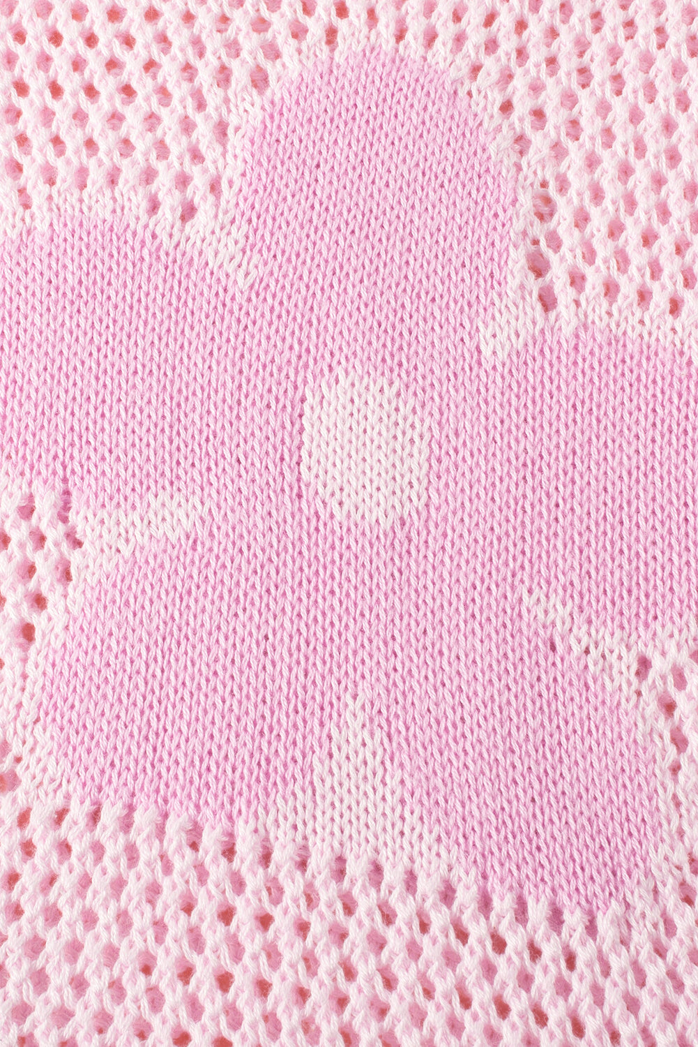 Light pink Mommas Hive sweater featuring a large floral hollowed knit design with drop shoulder style, made of acrylic and cotton.