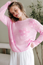Light pink Mommas Hive oversized sweater with big flower hollow knit design, drop shoulder style, made of acrylic and cotton blend.