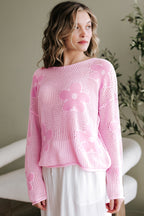 Light pink Mommas Hive sweater with large flower hollow knit design, drop shoulder style, made of acrylic and cotton.