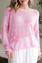 Light pink Mommas Hive knit sweater with large flower hollow pattern, drop shoulder design, made from acrylic and cotton blend.