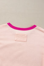 Light pink oversized sweatshirt with star patchwork and exposed seams from Mommas Hive, made of polyester and cotton blend.