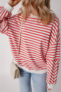 Orange stripe drop shoulder crew neck loose sweatshirt from Mommas Hive, featuring a casual fit with polyester, cotton, and elastane blend.