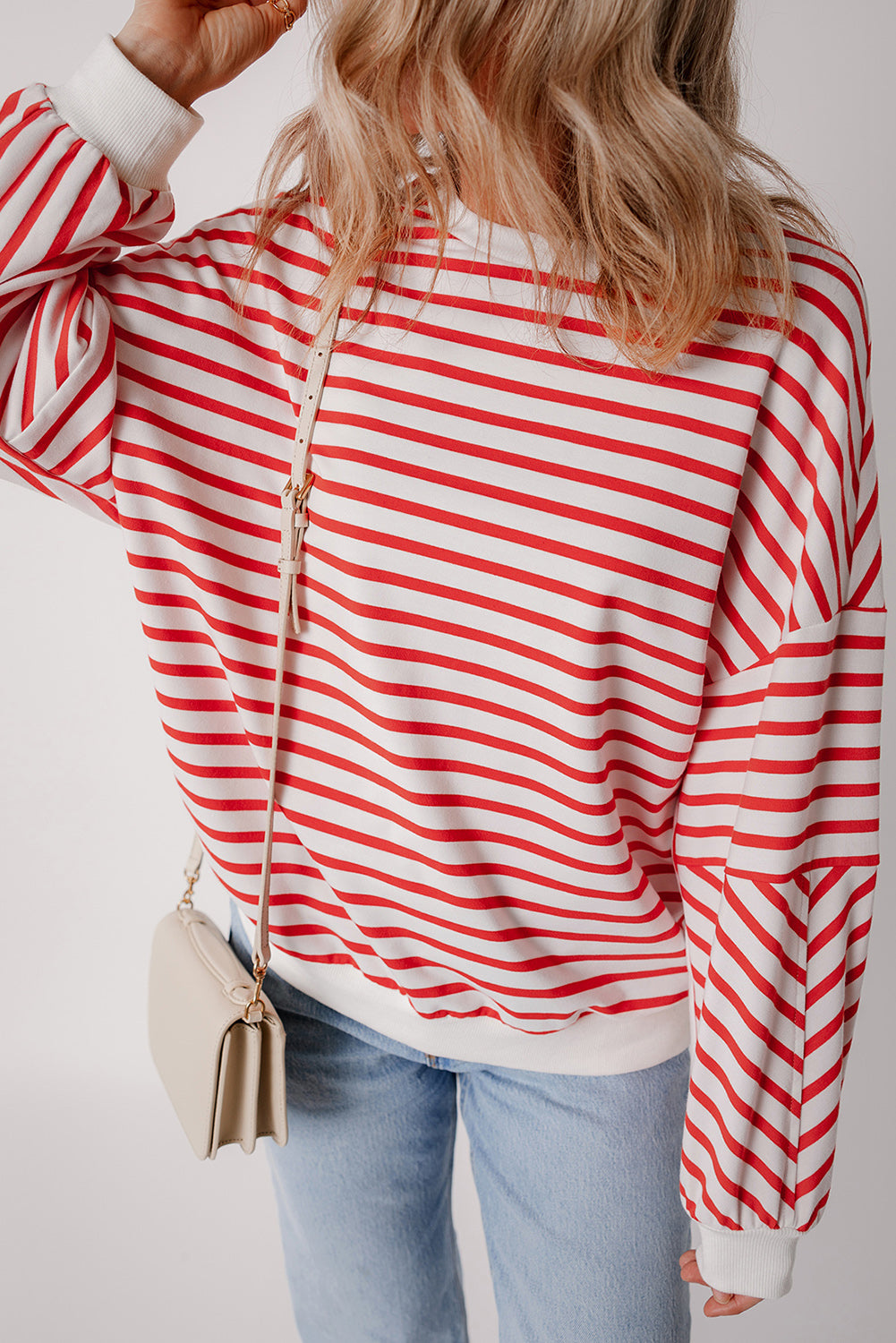 Orange stripe drop shoulder crew neck loose sweatshirt from Mommas Hive, featuring a casual fit with polyester, cotton, and elastane blend.
