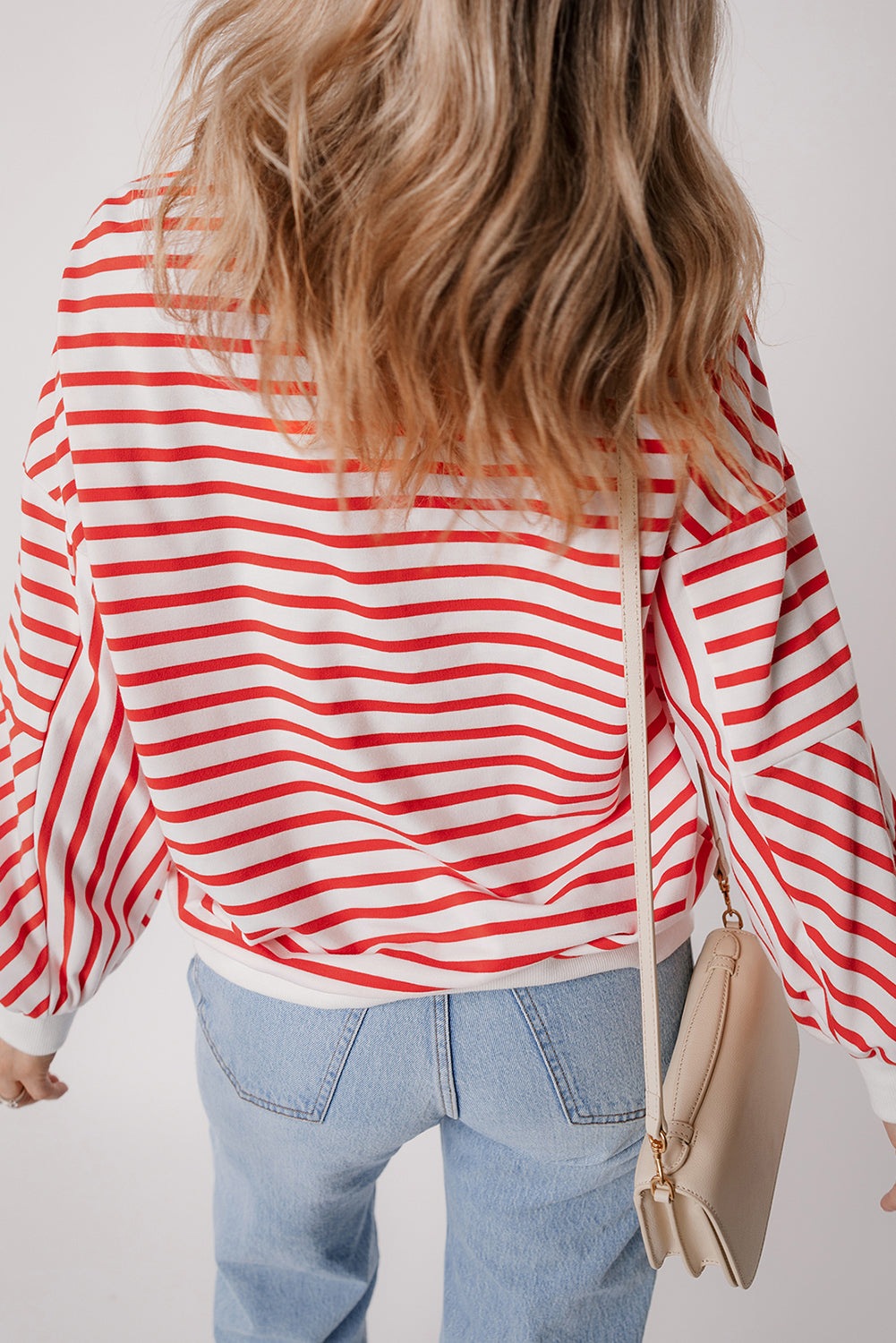 Orange stripe drop shoulder crew neck sweatshirt by Mommas Hive, loose fit, polyester cotton blend, casual stylish top.