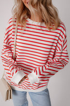 Orange stripe drop shoulder crew neck sweatshirt by Mommas Hive, featuring loose fit, soft polyester and cotton blend fabric.