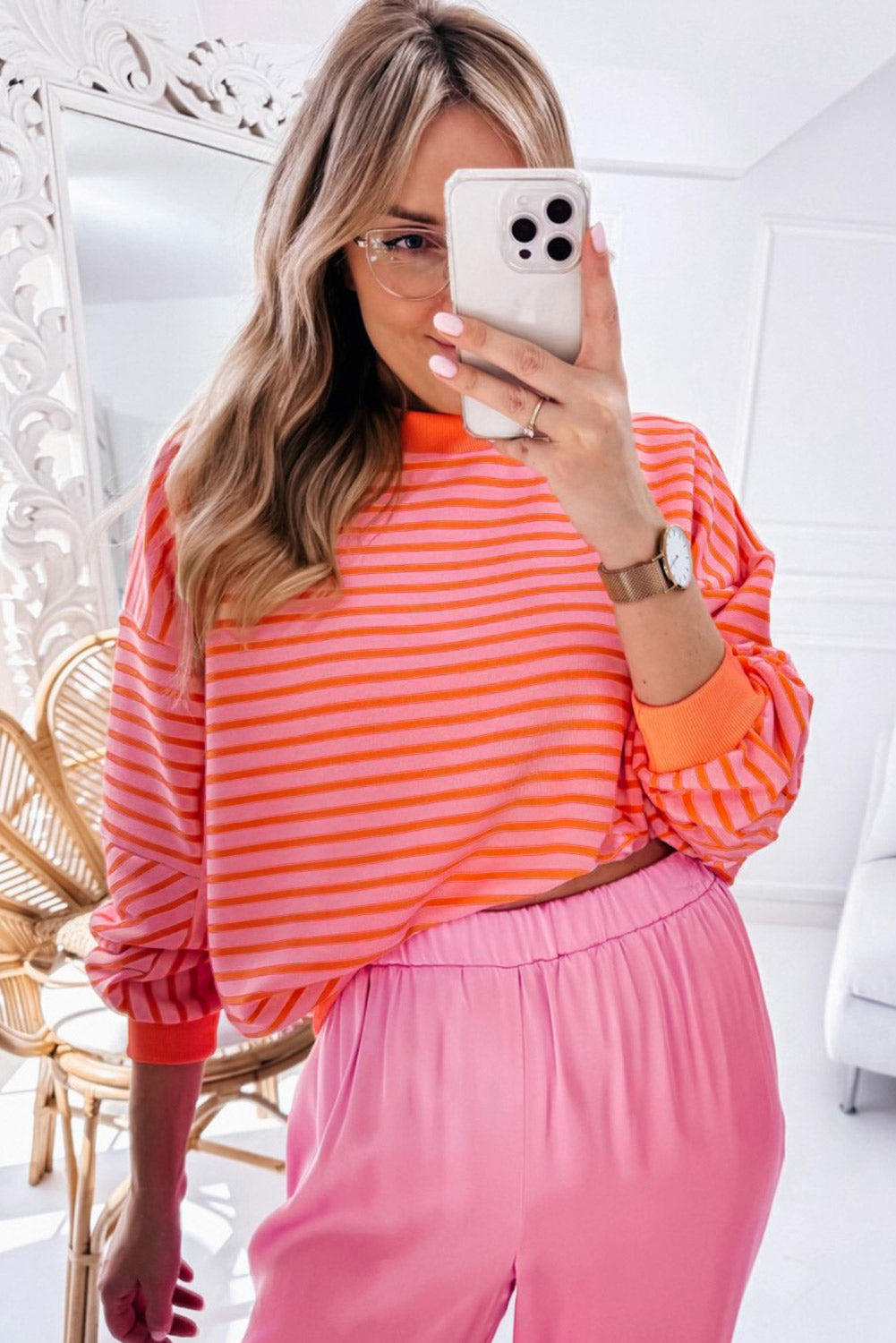 Orange stripe drop shoulder crew neck sweatshirt by Mommas Hive, loose fit, casual tops made of polyester, cotton, and elastane.