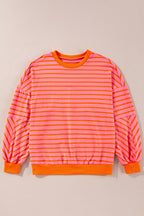 Orange stripe drop shoulder crew neck sweatshirt by Mommas Hive, featuring a loose fit, polyester-cotton blend, and casual style.