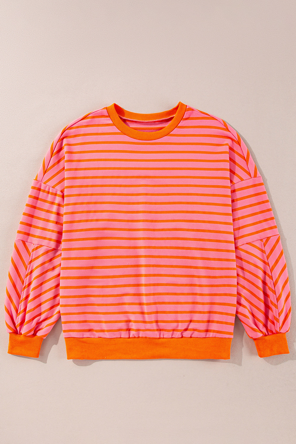 Orange stripe drop shoulder crew neck sweatshirt by Mommas Hive, featuring a loose fit, polyester-cotton blend, and casual style.