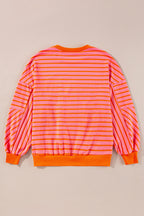 Orange stripe drop shoulder crew neck sweatshirt by Mommas Hive, loose fit, made of polyester, cotton, and elastane.