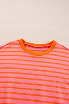 Orange stripe drop shoulder sweatshirt by Mommas Hive featuring a crew neck, loose fit, and comfortable polyester-cotton-elastane fabric.