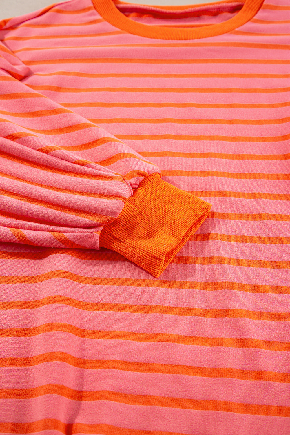 Orange stripe drop shoulder crew neck sweatshirt by Mommas Hive, loose fit with polyester, cotton, and elastane blend.