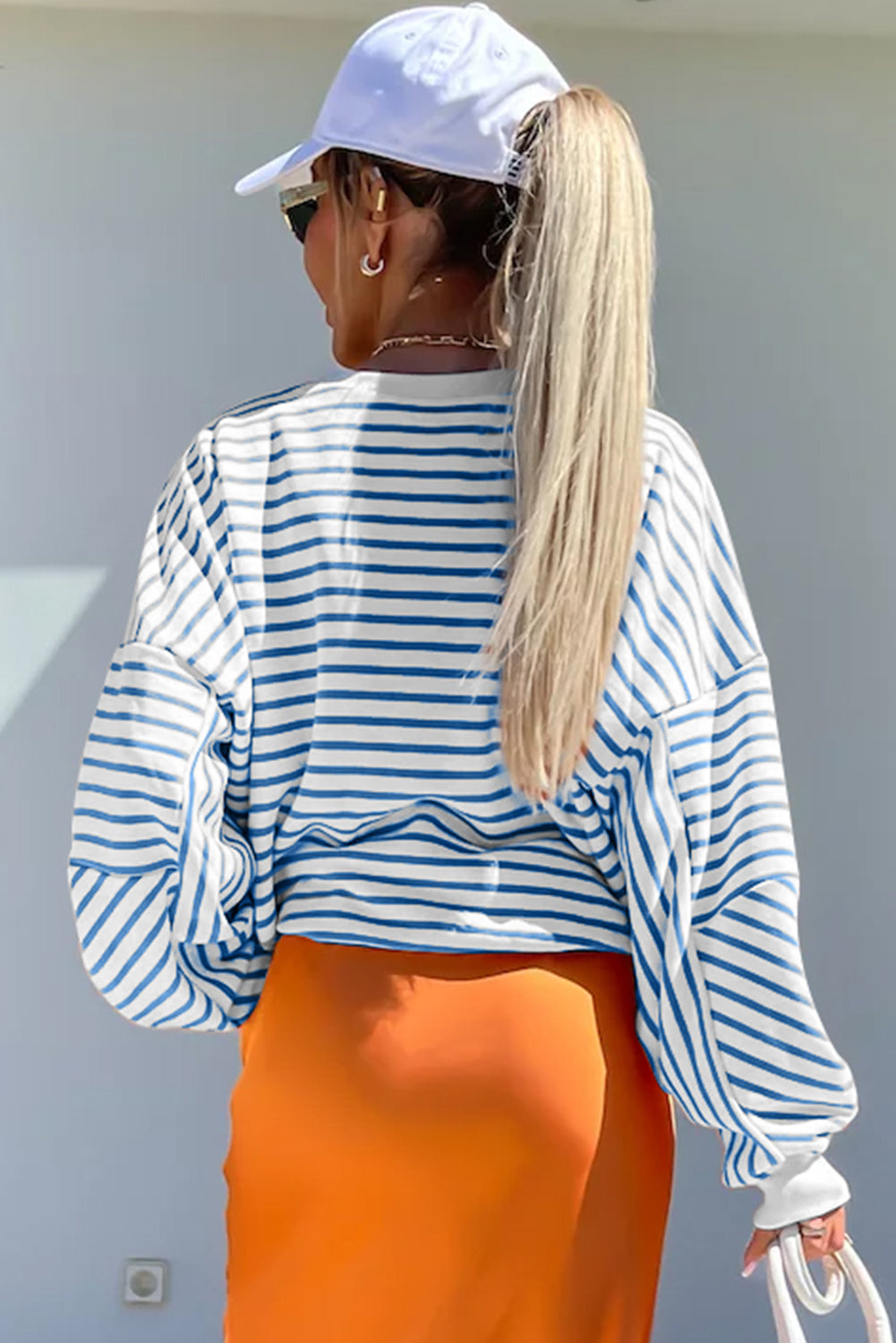 Orange Stripe Drop Shoulder Crew Neck Sweatshirt by Mommas Hive, loose fit, polyester cotton blend, featuring bold orange stripe pattern.