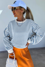 Orange stripe drop shoulder crew neck loose sweatshirt from Mommas Hive, featuring a relaxed fit and comfortable fabric blend.