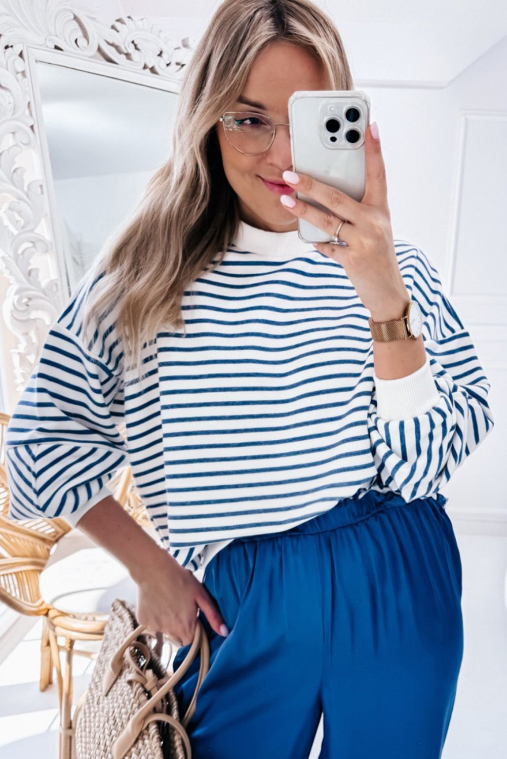 Orange stripe drop shoulder crew neck sweatshirt by Mommas Hive, featuring a loose fit, soft fabric blend, and casual style.