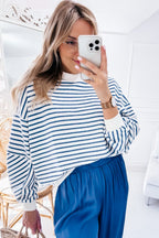 Orange stripe drop shoulder crew neck sweatshirt by Mommas Hive, featuring a loose fit and stylish stripe pattern.