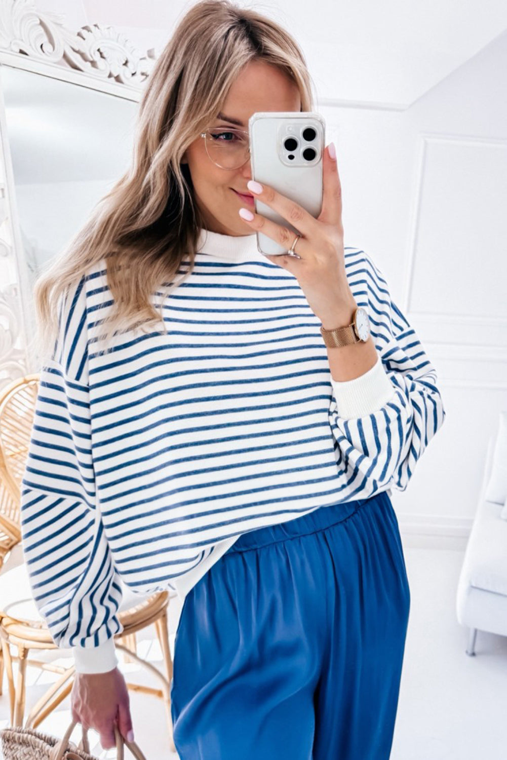 Orange stripe drop shoulder crew neck sweatshirt by Mommas Hive, featuring a loose fit and stylish stripe pattern.