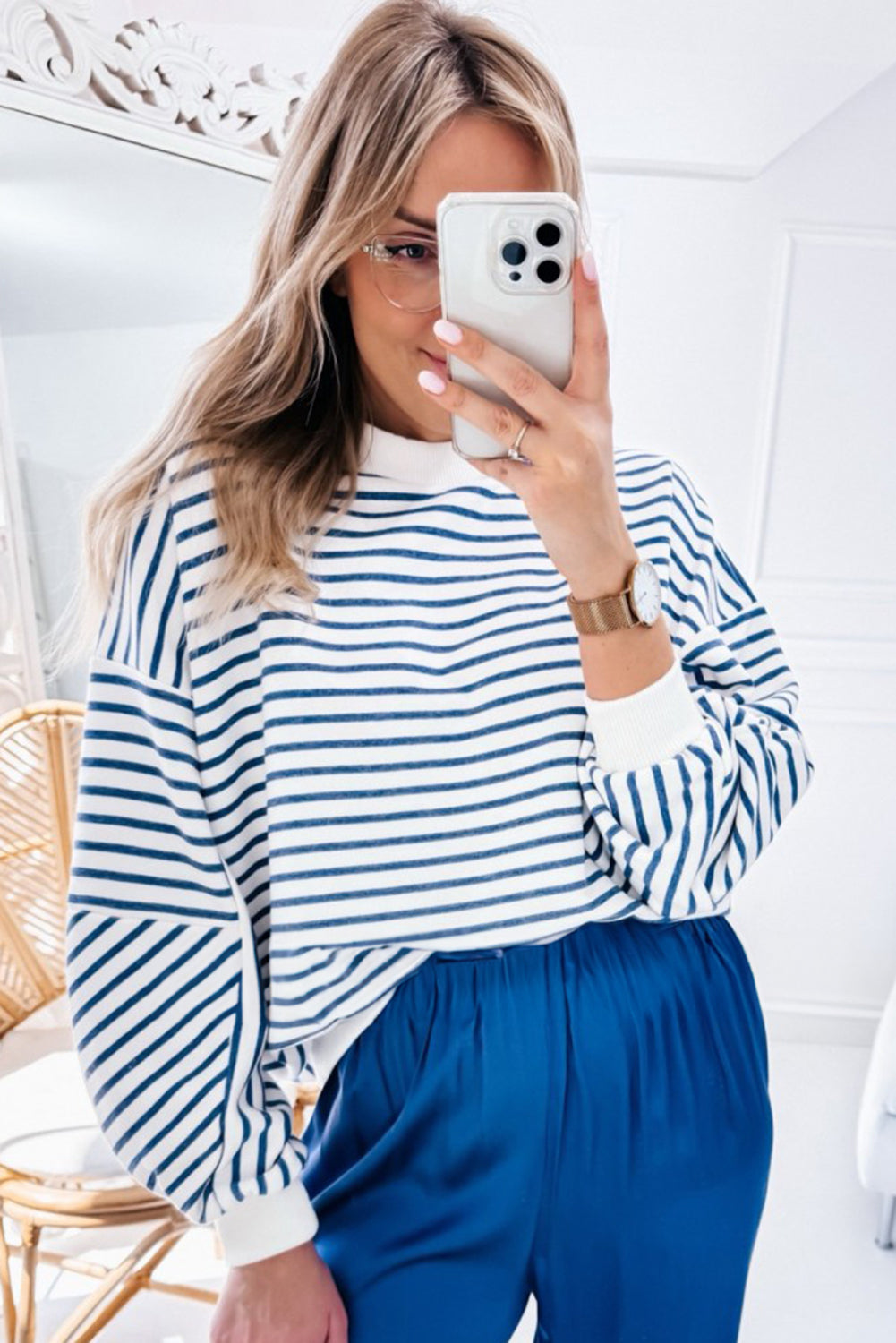 Orange stripe drop shoulder crew neck loose sweatshirt from Mommas Hive, made of polyester, cotton, and elastane for a relaxed fit.