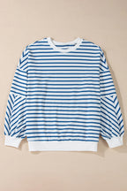 Orange stripe drop shoulder crew neck sweatshirt by Mommas Hive, featuring a loose fit and comfortable polyester-cotton blend.