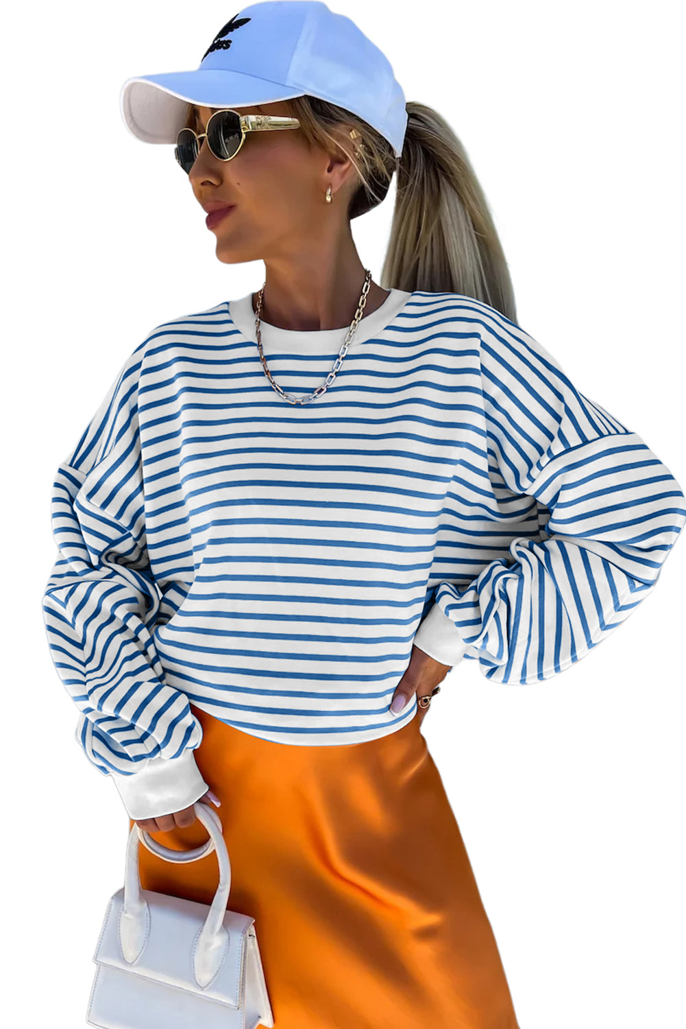 Orange Stripe Drop Shoulder Crew Neck Sweatshirt by Mommas Hive, loose fit, with bold stripe pattern and comfortable fabric.