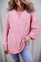 Mommas Hive Orchid Petal Mineral Wash Drop Shoulder Pullover Sweatshirt, soft cotton-polyester blend, relaxed fit, pastel orchid color.