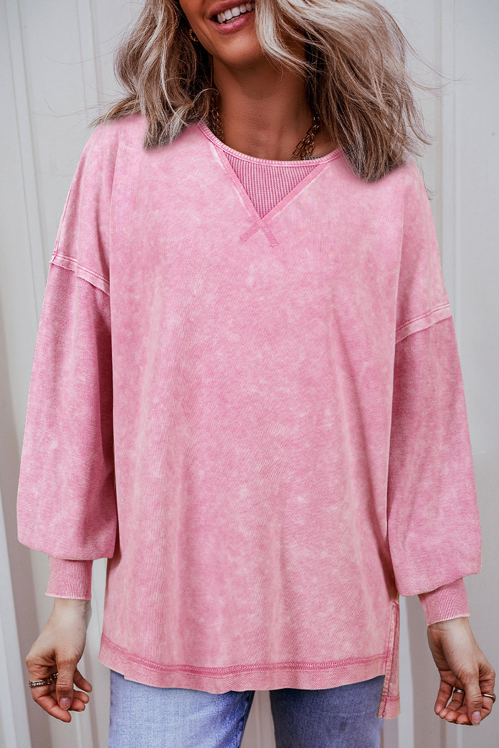 Mommas Hive Orchid Petal Mineral Wash Drop Shoulder Pullover Sweatshirt, soft cotton-polyester blend, relaxed fit, casual style.