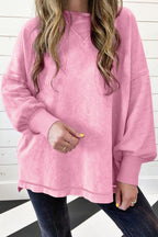 Mommas Hive orchid petal mineral wash drop shoulder pullover sweatshirt made of cotton and polyester, featuring a relaxed fit.