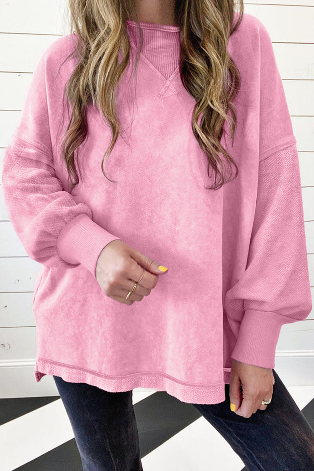 Mommas Hive orchid petal mineral wash drop shoulder pullover sweatshirt made of cotton and polyester, featuring a relaxed fit.