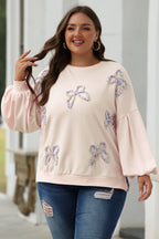 Mommas Hive oversized pullover sweatshirt with parchment color, embroidered bow, lantern sleeves, made of polyester and cotton.
