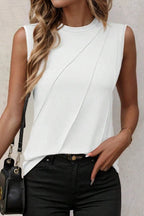 White crew neck pleated tank top from Mommas Hive, made of polyester, cotton, and elastane, shown on a plain background.