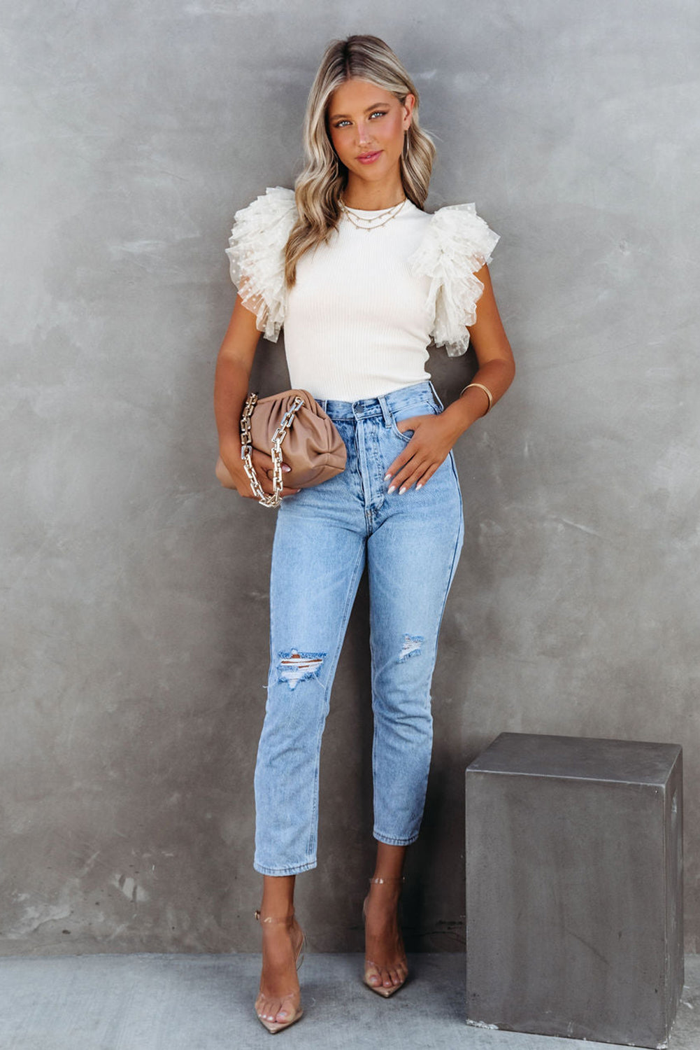 White dotty mesh ruffle sleeve ribbed knit top by Mommas Hive, featuring a fitted design and textured fabric.