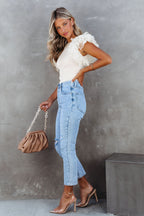 White Dotty Mesh Ruffle Sleeve Ribbed Knit Top by Mommas Hive, featuring mesh fabric, ruffle sleeves, and a fitted ribbed design.