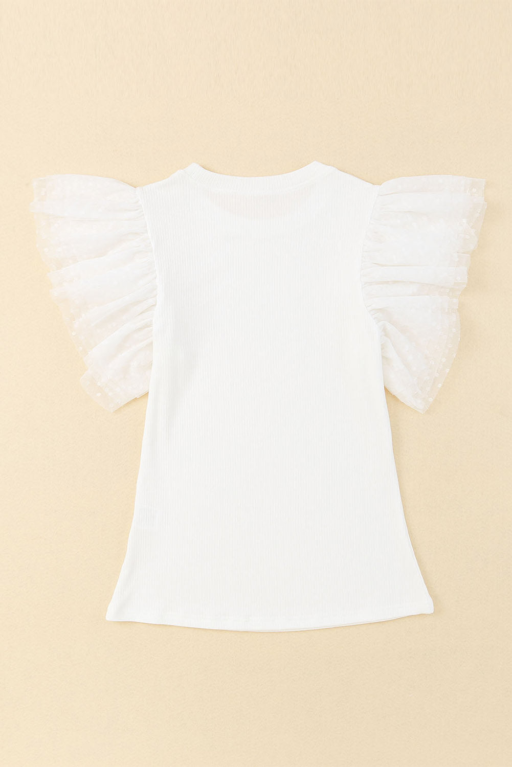White dotty mesh ruffle sleeve ribbed knit top by Mommas Hive, featuring a fitted design and textured fabric.