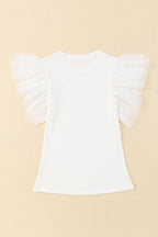 White dotty mesh ruffle sleeve ribbed knit top by Mommas Hive, featuring a fitted design and textured fabric.