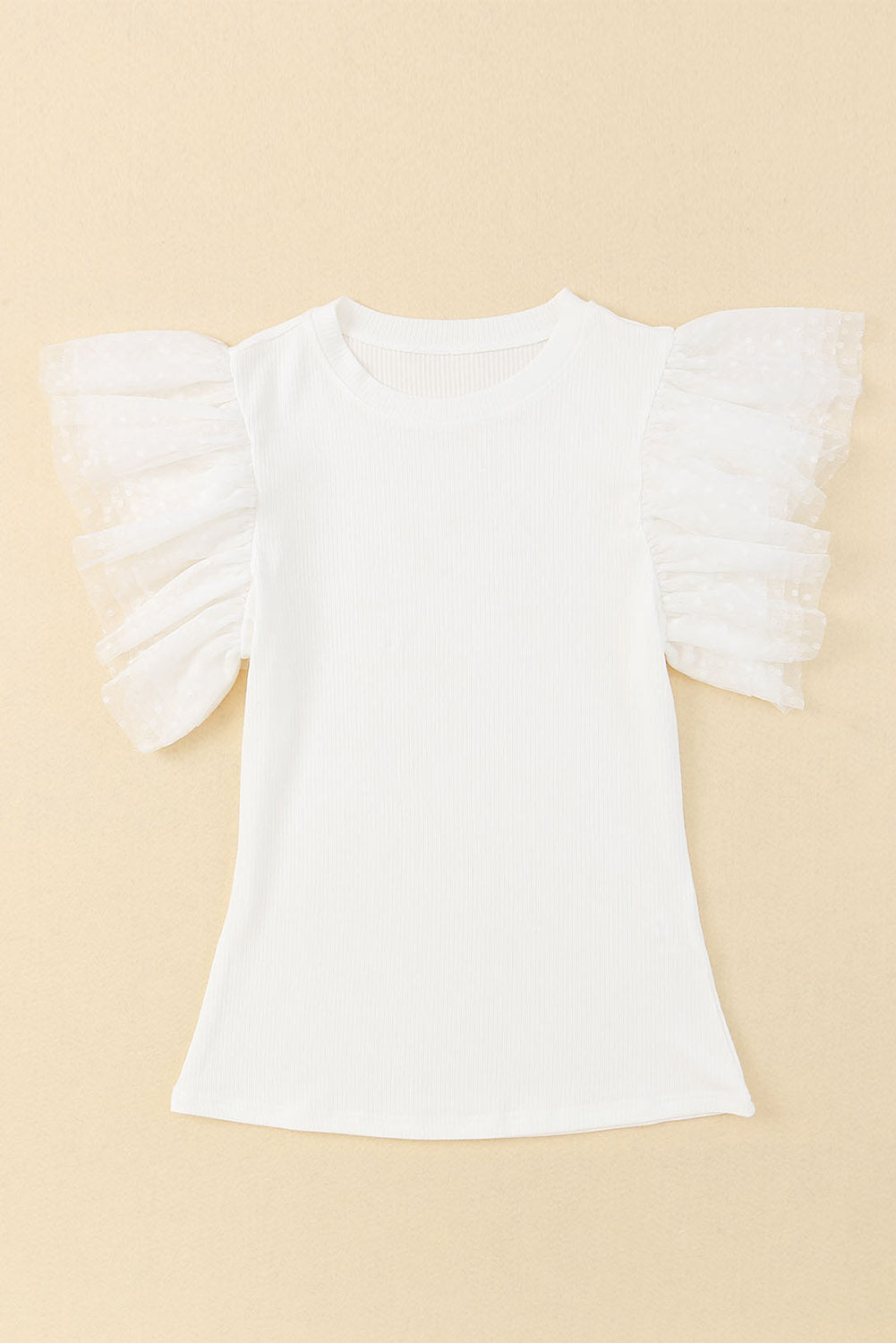 White Dotty Mesh Ruffle Sleeve Ribbed Knit Top by Mommas Hive, featuring lightweight fabric, ruffle sleeves, and a fitted ribbed design.