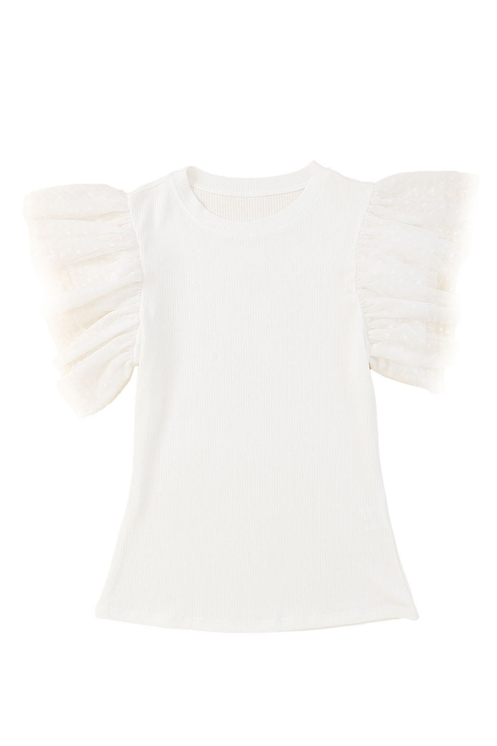 White dotty mesh ruffle sleeve ribbed knit top from Mommas Hive, featuring a comfortable fit and stylish design.