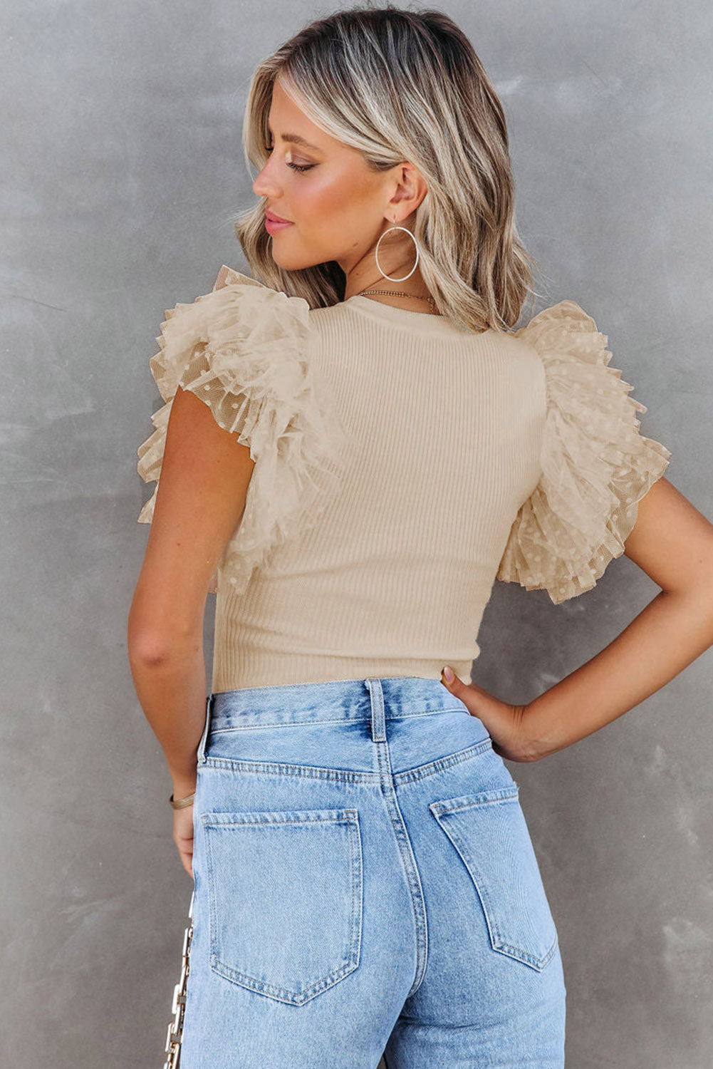 White Dotty Mesh Ruffle Sleeve Ribbed Knit Top by Mommas Hive, featuring mesh fabric and ruffle sleeves for a stylish look.