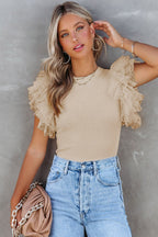 White dotty mesh ruffle sleeve ribbed knit top by Mommas Hive, featuring a fitted design and stylish ruffle sleeves.