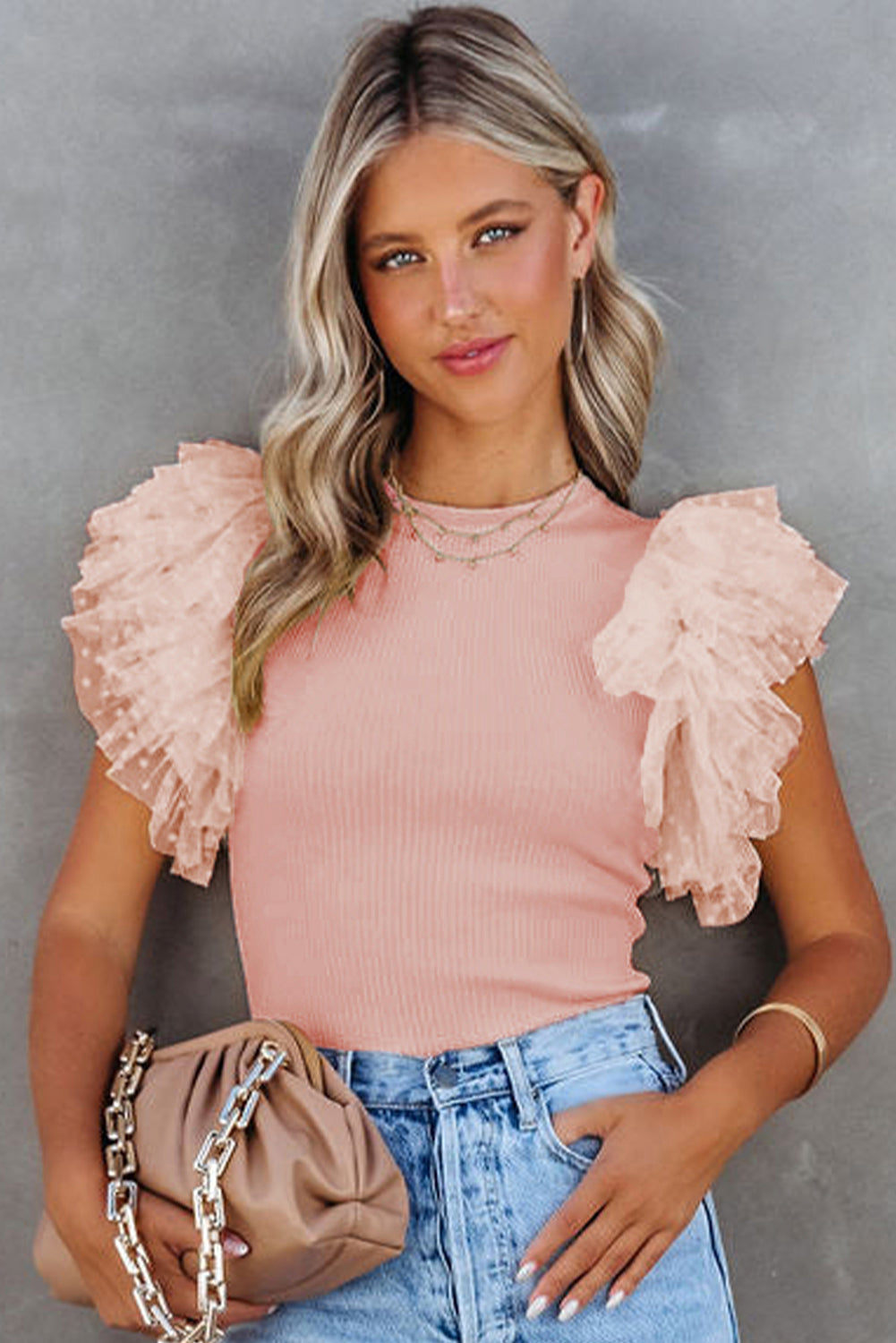 White Dotty Mesh Ruffle Sleeve Ribbed Knit Top by Mommas Hive, featuring mesh fabric, ruffle sleeves, and ribbed texture.