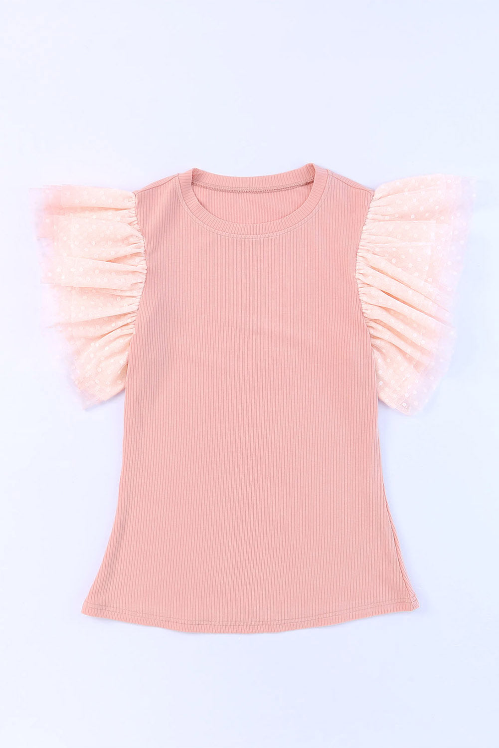 White dotty mesh ruffle sleeve ribbed knit top by Mommas Hive, featuring lightweight fabric and stylish ruffle accents.