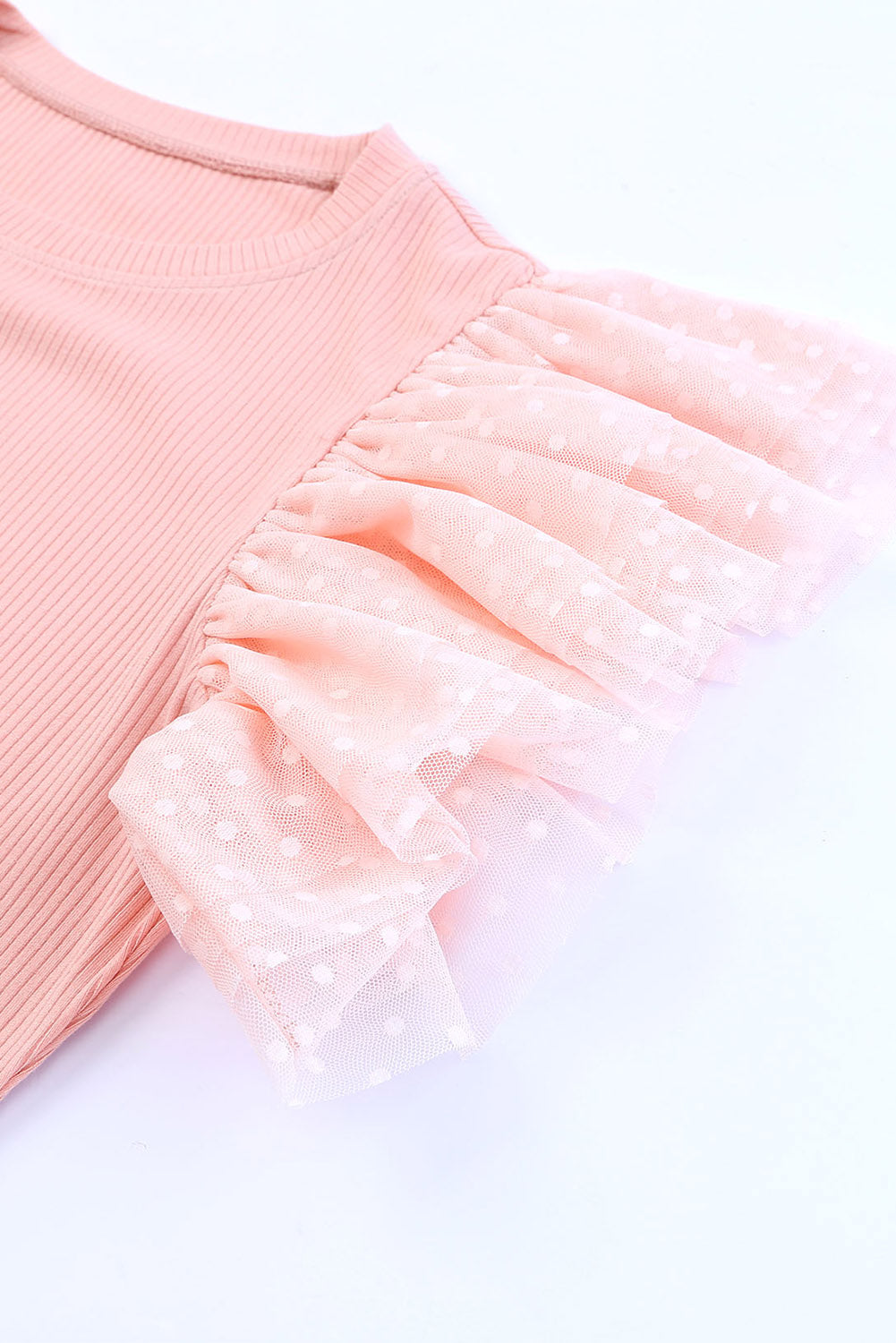 White Dotty Mesh Ruffle Sleeve Ribbed Knit Top by Mommas Hive featuring textured fabric and stylish ruffle sleeve detail.