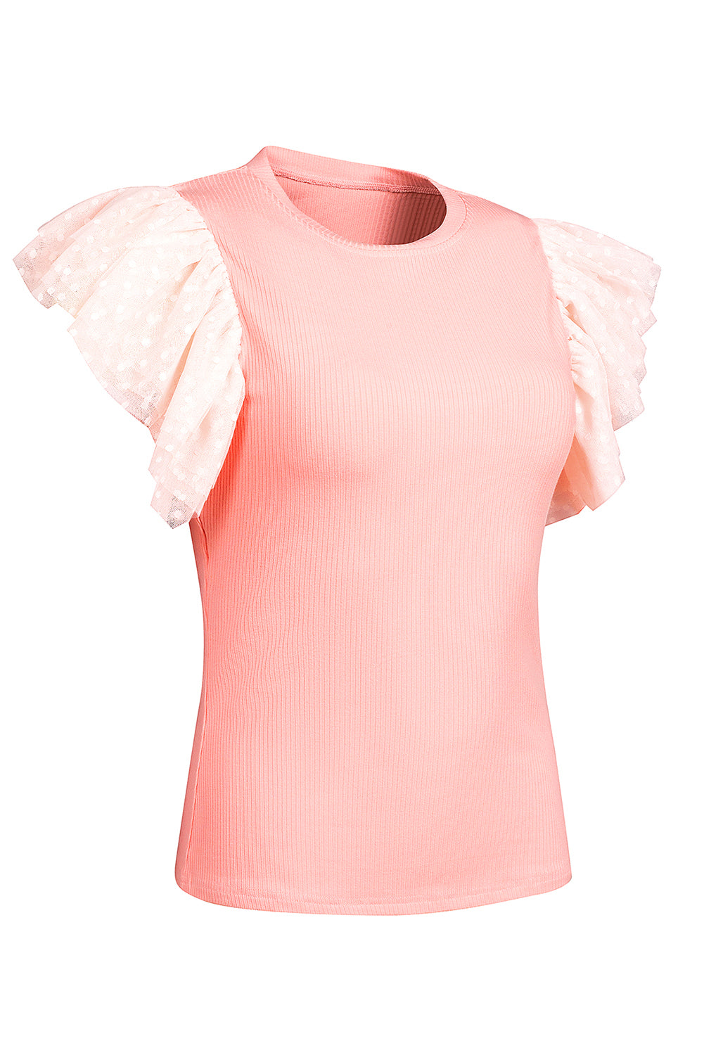 White dotty mesh ruffle sleeve ribbed knit top by Mommas Hive, featuring lightweight fabric and stylish ruffle details.