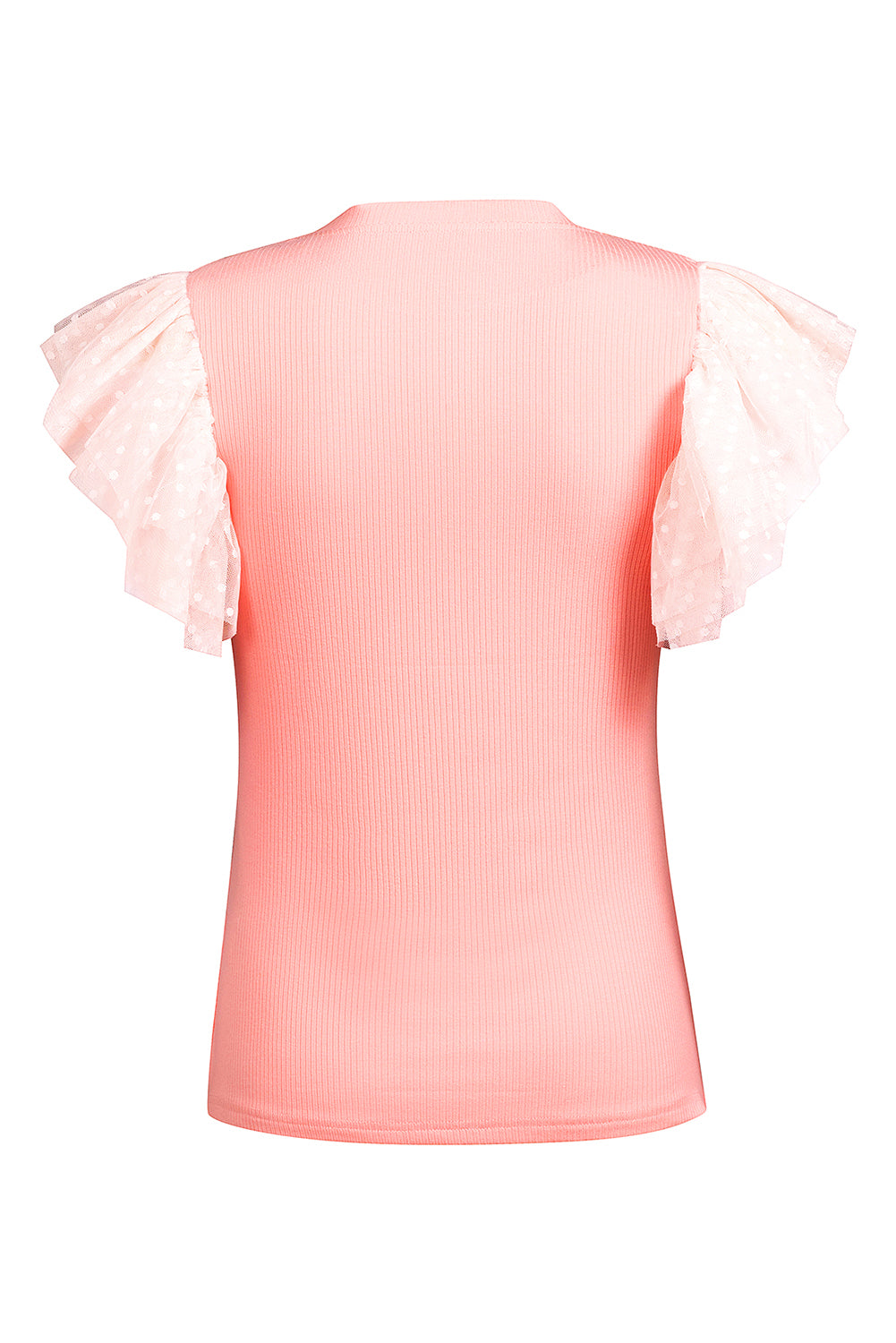 White Dotty Mesh Ruffle Sleeve Ribbed Knit Top by Mommas Hive, featuring lightweight fabric, ruffle sleeves, and a fitted ribbed design.